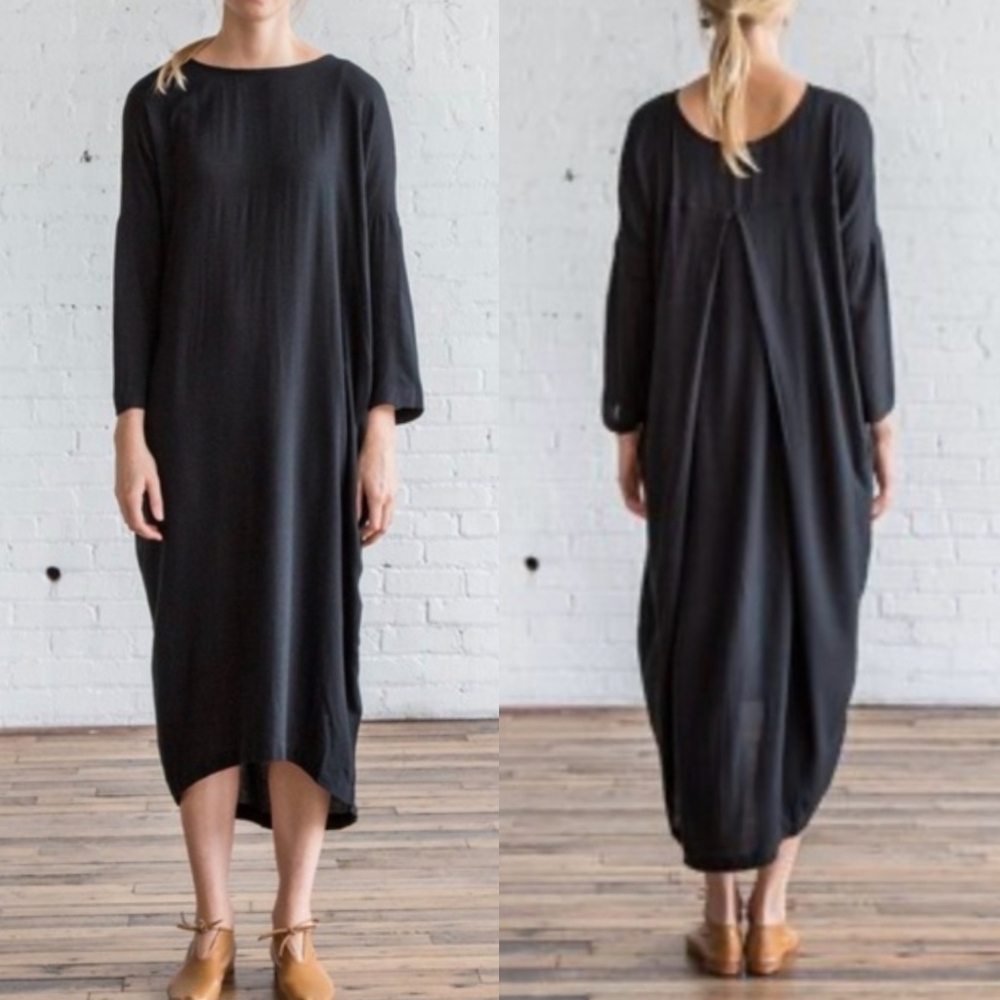 Black Crane Pleated Asymmetrical Cocoon Dress